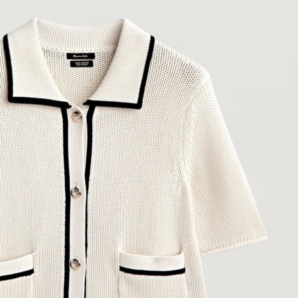 Massimo Dutti Contrast Knit Textured Cardigan with Pockets Gold Button Details